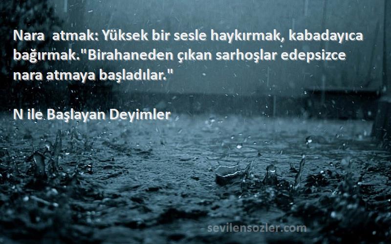 N ile Başlayan Deyimler Sözleri 
Nara atmak: Yüksek bir sesle haykırmak, kabadayıca bağırmak.Birahaneden çıkan sarhoşlar edepsizce nara atmaya başladılar.