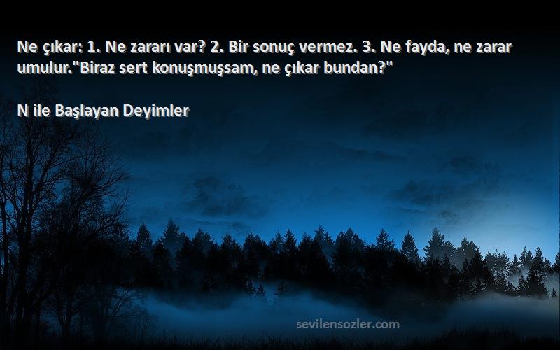 N ile Başlayan Deyimler Sözleri 
Ne çıkar: 1. Ne zararı var? 2. Bir sonuç vermez. 3. Ne fayda, ne zarar umulur.Biraz sert konuşmuşsam, ne çıkar bundan?