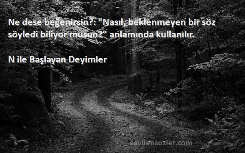 N ile Başlayan Deyimler Sözleri 
Ne dese beğenirsin?: Nasıl, beklenmeyen bir söz söyledi biliyor musun? anlamında kullanılır.