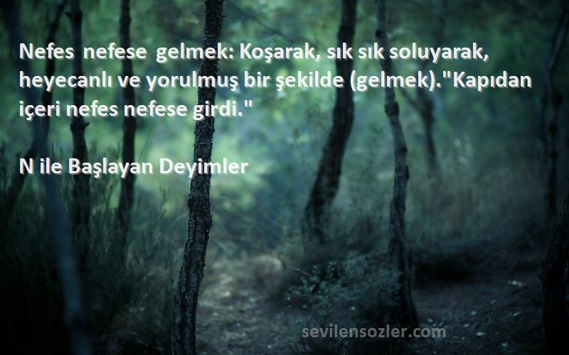 N ile Başlayan Deyimler Sözleri 
Nefes nefese gelmek: Koşarak, sık sık soluyarak, heyecanlı ve yorulmuş bir şekilde (gelmek).Kapıdan içeri nefes nefese girdi.