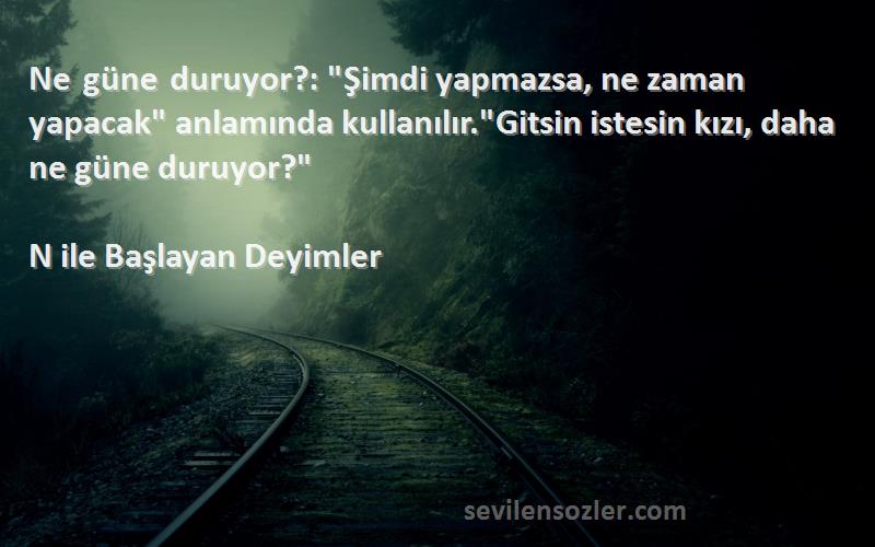 N ile Başlayan Deyimler Sözleri 
Ne güne duruyor?: Şimdi yapmazsa, ne zaman yapacak anlamında kullanılır.Gitsin istesin kızı, daha ne güne duruyor?