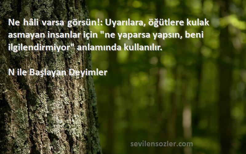 N ile Başlayan Deyimler Sözleri 
Ne hâli varsa görsün!: Uyarılara, öğütlere kulak asmayan insanlar için ne yaparsa yapsın, beni ilgilendirmiyor anlamında kullanılır.