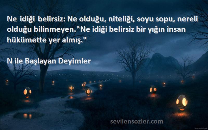 N ile Başlayan Deyimler Sözleri 
Ne idiği belirsiz: Ne olduğu, niteliği, soyu sopu, nereli olduğu bilinmeyen.Ne idiği belirsiz bir yığın insan hükümette yer almış.