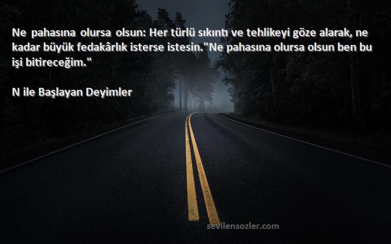 N ile Başlayan Deyimler Sözleri 
Ne pahasına olursa olsun: Her türlü sıkıntı ve tehlikeyi göze alarak, ne kadar büyük fedakârlık isterse istesin.Ne pahasına olursa olsun ben bu işi bitireceğim.