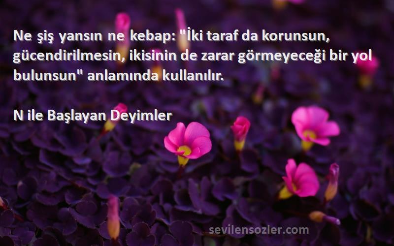 N ile Başlayan Deyimler Sözleri 
Ne şiş yansın ne kebap: İki taraf da korunsun, gücendirilmesin, ikisinin de zarar görmeyeceği bir yol bulunsun anlamında kullanılır.