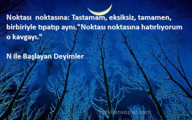 N ile Başlayan Deyimler Sözleri 
Noktası noktasına: Tastamam, eksiksiz, tamamen, birbiriyle tıpatıp aynı.Noktası noktasına hatırlıyorum o kavgayı.