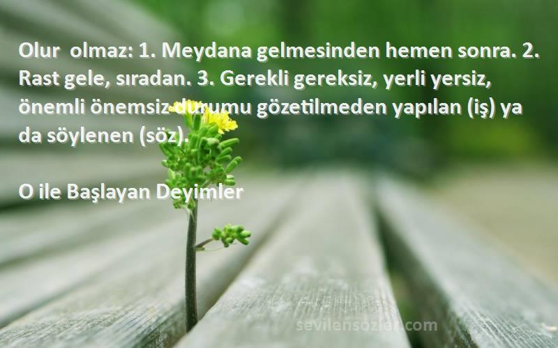 O ile Başlayan Deyimler Sözleri 
Olur olmaz: 1. Meydana gelmesinden hemen sonra. 2. Rast gele, sıradan. 3. Gerekli gereksiz, yerli yersiz, önemli önemsiz durumu gözetilmeden yapılan (iş) ya da söylenen (söz).