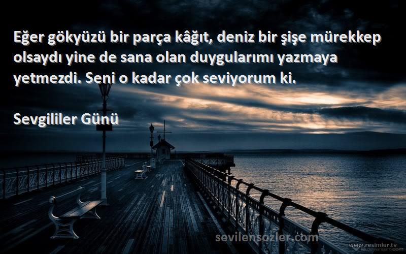 Sevgililer Günü Sözleri 
Eğer gökyüzü bir parça kâğıt, deniz bir şişe mürekkep olsaydı yine de sana olan duygularımı yazmaya yetmezdi. Seni o kadar çok seviyorum ki.