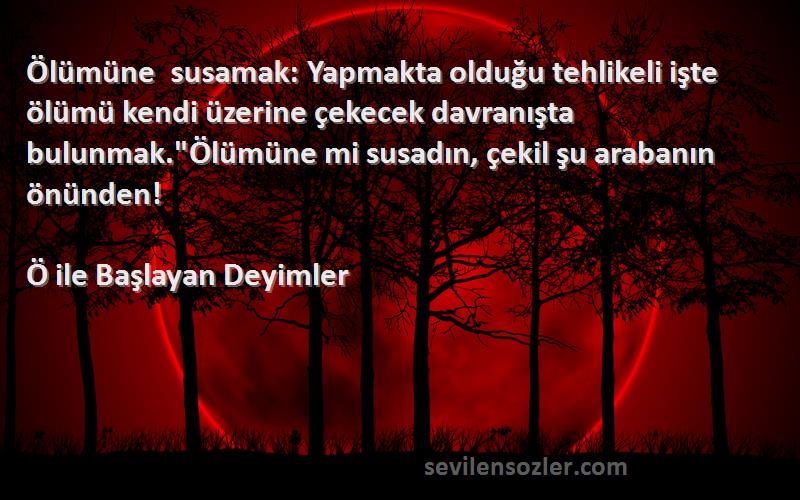 Ö ile Başlayan Deyimler Sözleri 
Ölümüne susamak: Yapmakta olduğu tehlikeli işte ölümü kendi üzerine çekecek davranışta bulunmak.Ölümüne mi susadın, çekil şu arabanın önünden!