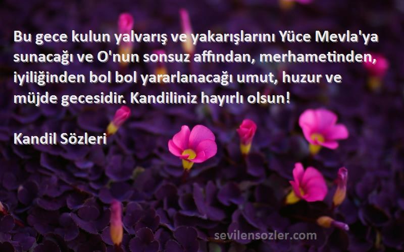 Kandil  Sözleri 
Bu gece kulun yalvarış ve yakarışlarını Yüce Mevla'ya sunacağı ve O'nun sonsuz affından, merhametinden, iyiliğinden bol bol yararlanacağı umut, huzur ve müjde gecesidir. Kandiliniz hayırlı olsun!
