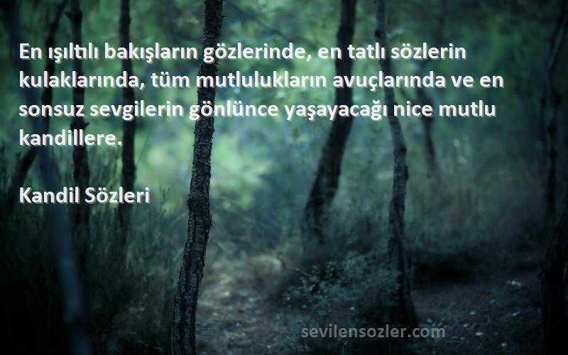 Kandil  Sözleri 
En ışıltılı bakışların gözlerinde, en tatlı sözlerin kulaklarında, tüm mutlulukların avuçlarında ve en sonsuz sevgilerin gönlünce yaşayacağı nice mutlu kandillere.
