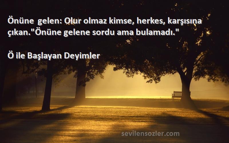 Ö ile Başlayan Deyimler Sözleri 
Önüne gelen: Olur olmaz kimse, herkes, karşısına çıkan.Önüne gelene sordu ama bulamadı.