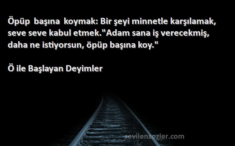 Ö ile Başlayan Deyimler Sözleri 
Öpüp başına koymak: Bir şeyi minnetle karşılamak, seve seve kabul etmek.Adam sana iş verecekmiş, daha ne istiyorsun, öpüp başına koy.