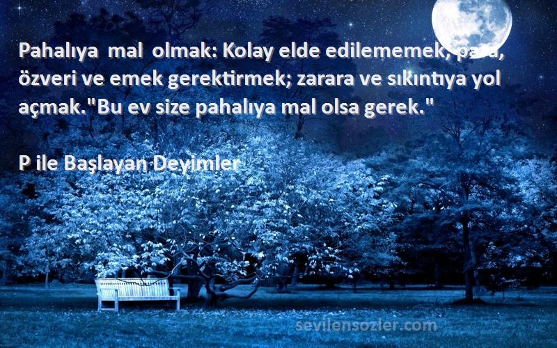 P ile Başlayan Deyimler Sözleri 
Pahalıya mal olmak: Kolay elde edilememek; para, özveri ve emek gerektirmek; zarara ve sıkıntıya yol açmak.Bu ev size pahalıya mal olsa gerek.