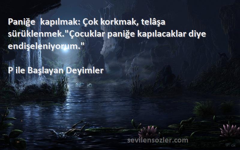 P ile Başlayan Deyimler Sözleri 
Paniğe kapılmak: Çok korkmak, telâşa sürüklenmek.Çocuklar paniğe kapılacaklar diye endişeleniyorum.