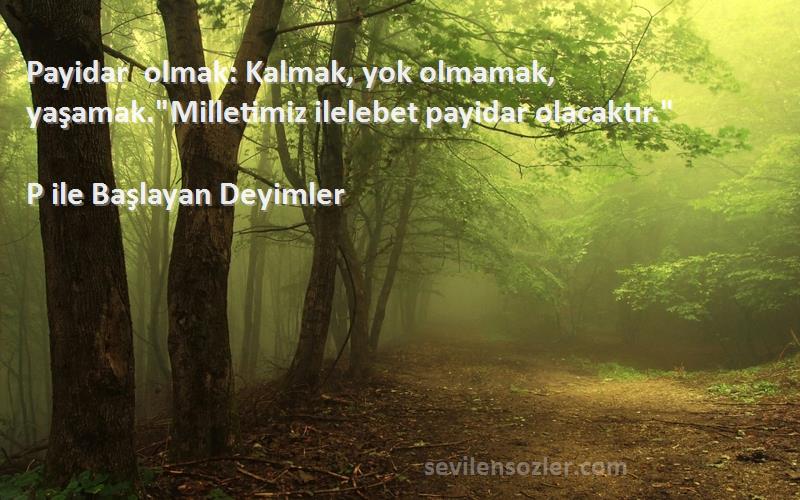 P ile Başlayan Deyimler - Payidar olmak: Kalmak, yok olmamak, yaşamak.Milletimiz ilelebet payidar olacaktır.