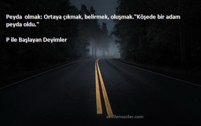 P ile Başlayan Deyimler Sözleri 
Peyda olmak: Ortaya çıkmak, belirmek, oluşmak.Köşede bir adam peyda oldu.