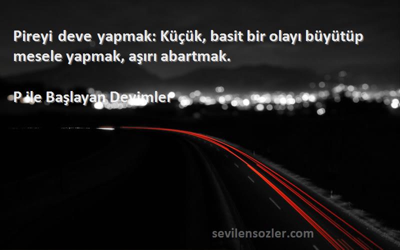P ile Başlayan Deyimler - Pireyi deve yapmak: Küçük, basit bir olayı büyütüp mesele yapmak, aşırı abartmak.