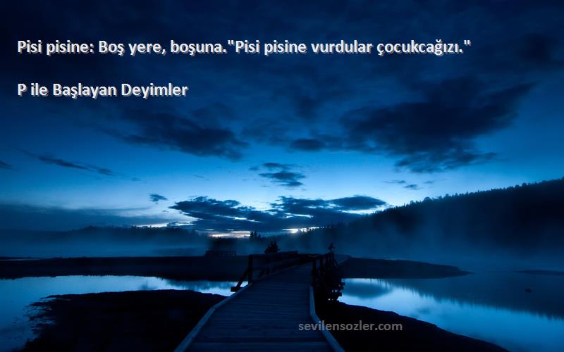 P ile Başlayan Deyimler Sözleri 
Pisi pisine: Boş yere, boşuna.Pisi pisine vurdular çocukcağızı.