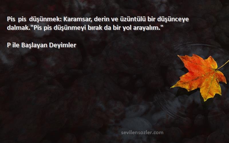 P ile Başlayan Deyimler Sözleri 
Pis pis düşünmek: Karamsar, derin ve üzüntülü bir düşünceye dalmak.Pis pis düşünmeyi bırak da bir yol arayalım.