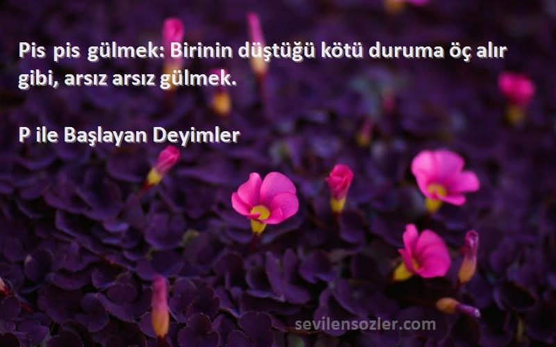 P ile Başlayan Deyimler - Pis pis gülmek: Birinin düştüğü kötü duruma öç alır gibi, arsız arsız gülmek.