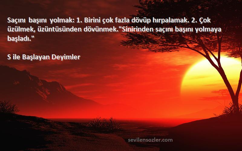 S ile Başlayan Deyimler Sözleri 
Saçını başını yolmak: 1. Birini çok fazla dövüp hırpalamak. 2. Çok üzülmek, üzüntüsünden dövünmek.Sinirinden saçını başını yolmaya başladı.