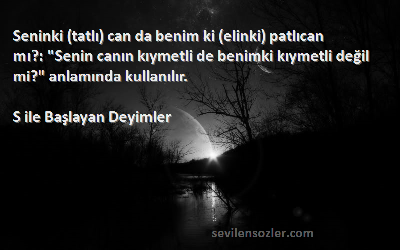 S ile Başlayan Deyimler Sözleri 
Seninki (tatlı) can da benim ki (elinki) patlıcan mı?: Senin canın kıymetli de benimki kıymetli değil mi? anlamında kullanılır.