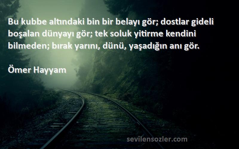 Ömer Hayyam Sözleri 
Bu kubbe altındaki bin bir belayı gör; dostlar gideli boşalan dünyayı gör; tek soluk yitirme kendini bilmeden; bırak yarını, dünü, yaşadığın anı gör.