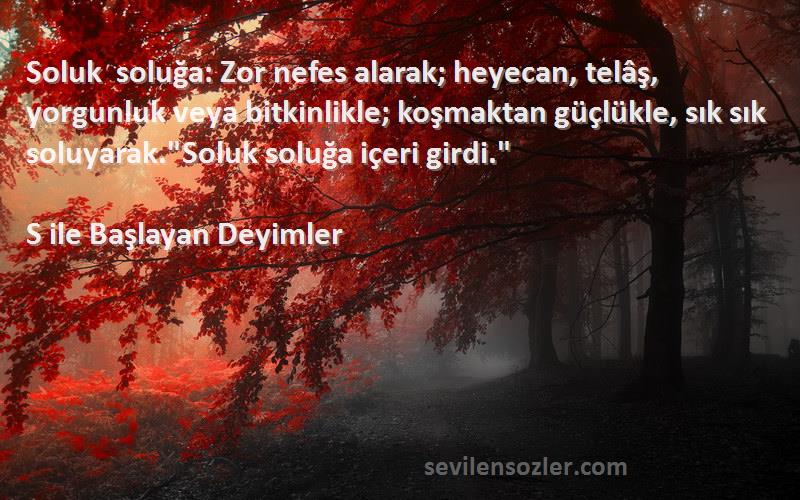 S ile Başlayan Deyimler Sözleri 
Soluk soluğa: Zor nefes alarak; heyecan, telâş, yorgunluk veya bitkinlikle; koşmaktan güçlükle, sık sık soluyarak.Soluk soluğa içeri girdi.