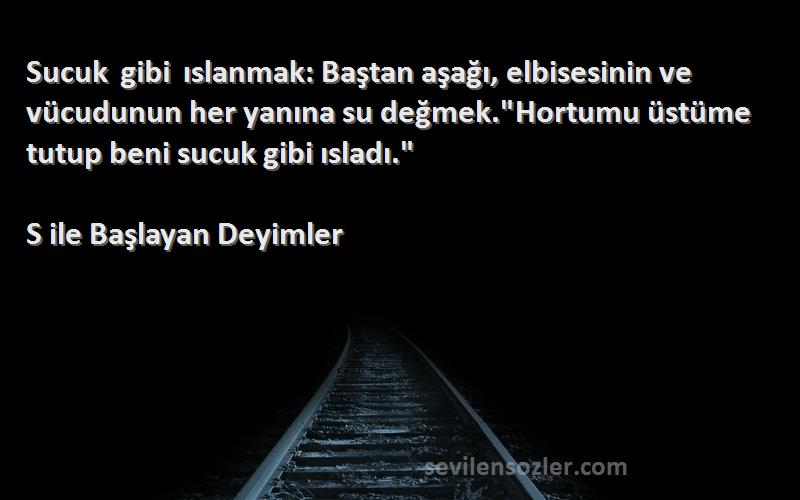 S ile Başlayan Deyimler Sözleri 
Sucuk gibi ıslanmak: Baştan aşağı, elbisesinin ve vücudunun her yanına su değmek.Hortumu üstüme tutup beni sucuk gibi ısladı.