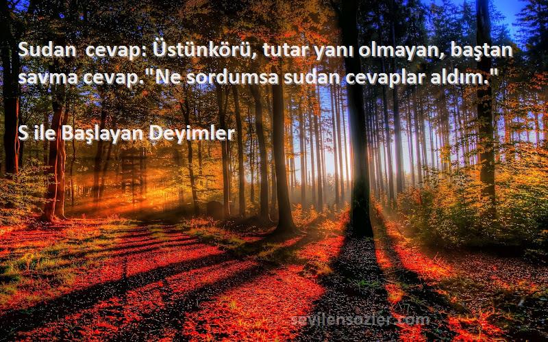 S ile Başlayan Deyimler - Sudan cevap: Üstünkörü, tutar yanı olmayan, baştan savma cevap.Ne sordumsa sudan cevaplar aldım.