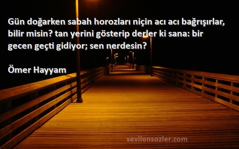 Ömer Hayyam Sözleri 
Gün doğarken sabah horozları niçin acı acı bağrışırlar, bilir misin? tan yerini gösterip derler ki sana: bir gecen geçti gidiyor; sen nerdesin?