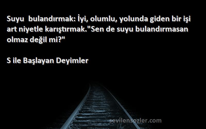 S ile Başlayan Deyimler Sözleri 
Suyu bulandırmak: İyi, olumlu, yolunda giden bir işi art niyetle karıştırmak.Sen de suyu bulandırmasan olmaz değil mi?