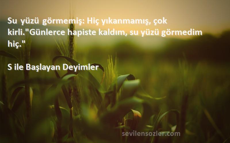 S ile Başlayan Deyimler - Su yüzü görmemiş: Hiç yıkanmamış, çok kirli.Günlerce hapiste kaldım, su yüzü görmedim hiç.