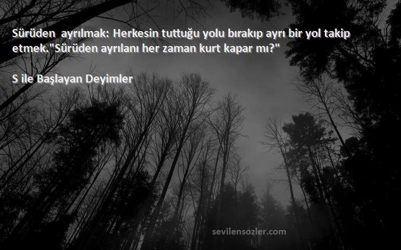 S ile Başlayan Deyimler Sözleri 
Sürüden ayrılmak: Herkesin tuttuğu yolu bırakıp ayrı bir yol takip etmek.Sürüden ayrılanı her zaman kurt kapar mı?