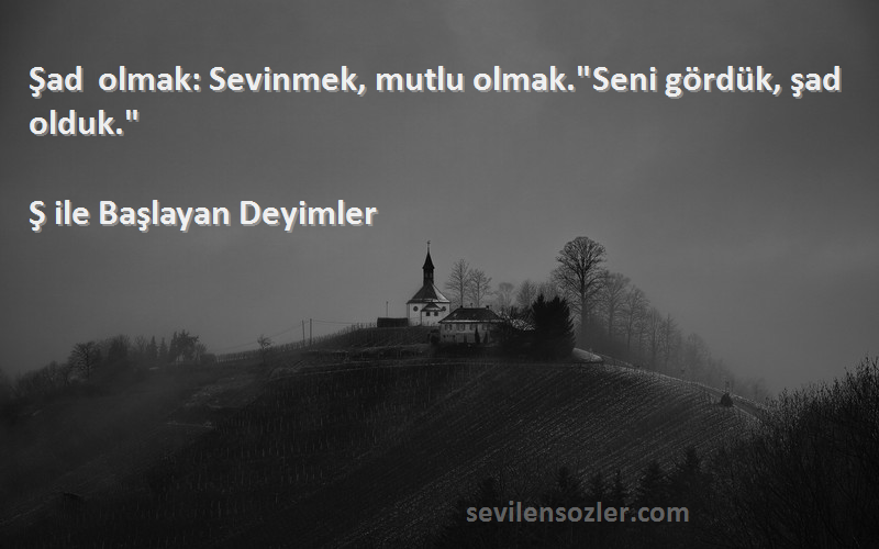 Ş ile Başlayan Deyimler Sözleri 
Şad olmak: Sevinmek, mutlu olmak.Seni gördük, şad olduk.