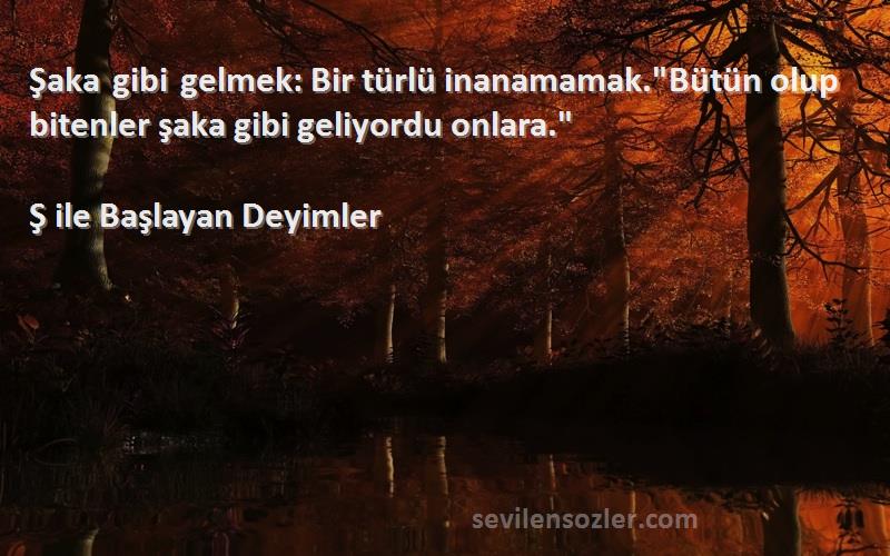 Ş ile Başlayan Deyimler Sözleri 
Şaka gibi gelmek: Bir türlü inanamamak.Bütün olup bitenler şaka gibi geliyordu onlara.