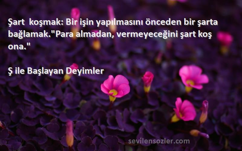 Ş ile Başlayan Deyimler Sözleri 
Şart koşmak: Bir işin yapılmasını önceden bir şarta bağlamak.Para almadan, vermeyeceğini şart koş ona.