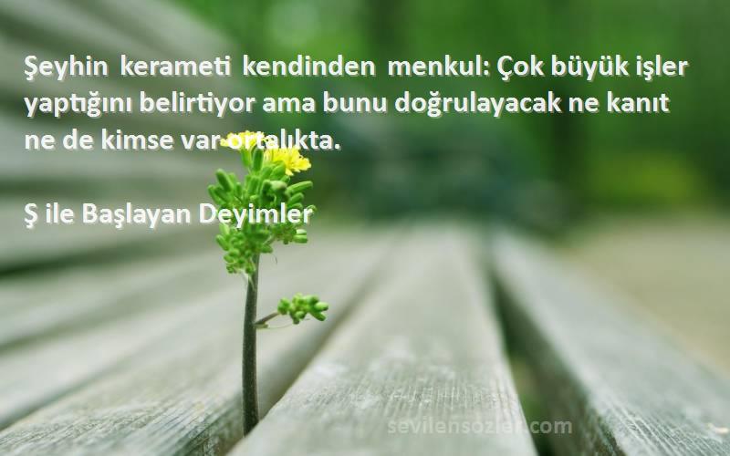 Ş ile Başlayan Deyimler Sözleri 
Şeyhin kerameti kendinden menkul: Çok büyük işler yaptığını belirtiyor ama bunu doğrulayacak ne kanıt ne de kimse var ortalıkta.