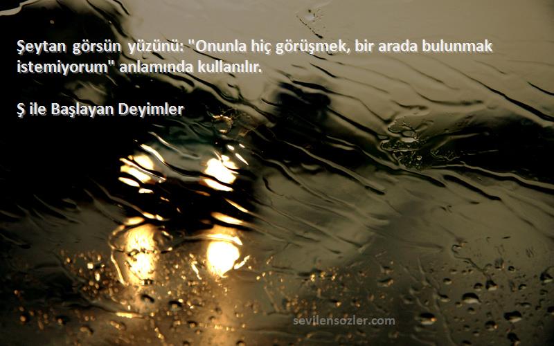 Ş ile Başlayan Deyimler - Şeytan görsün yüzünü: Onunla hiç görüşmek, bir arada bulunmak istemiyorum anlamında kullanılır.