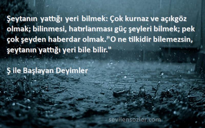 Ş ile Başlayan Deyimler Sözleri 
Şeytanın yattığı yeri bilmek: Çok kurnaz ve açıkgöz olmak; bilinmesi, hatırlanması güç şeyleri bilmek; pek çok şeyden haberdar olmak.O ne tilkidir bilemezsin, şeytanın yattığı yeri bile bilir.