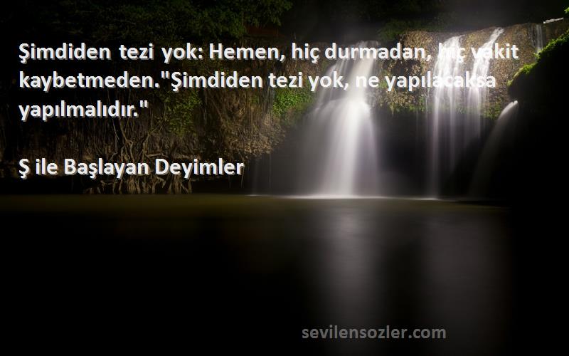 Ş ile Başlayan Deyimler Sözleri 
Şimdiden tezi yok: Hemen, hiç durmadan, hiç vakit kaybetmeden.Şimdiden tezi yok, ne yapılacaksa yapılmalıdır.