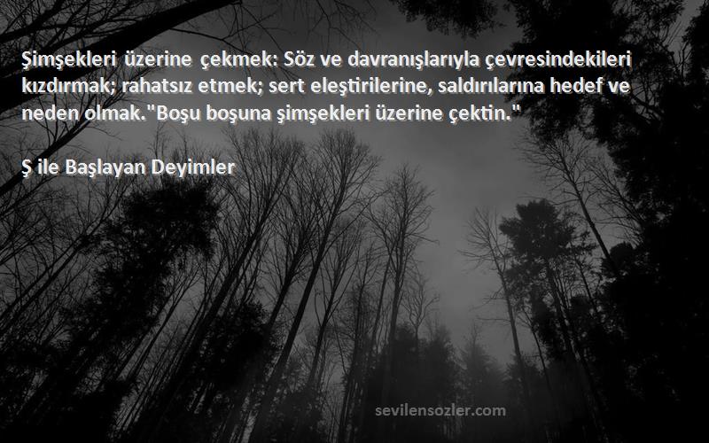 Ş ile Başlayan Deyimler Sözleri 
Şimşekleri üzerine çekmek: Söz ve davranışlarıyla çevresindekileri kızdırmak; rahatsız etmek; sert eleştirilerine, saldırılarına hedef ve neden olmak.Boşu boşuna şimşekleri üzerine çektin.