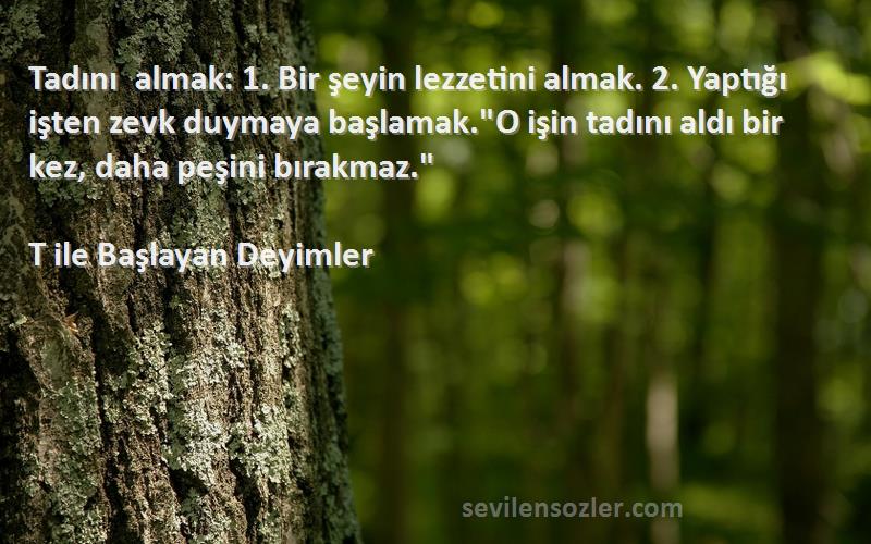 T ile Başlayan Deyimler Sözleri 
Tadını almak: 1. Bir şeyin lezzetini almak. 2. Yaptığı işten zevk duymaya başlamak.O işin tadını aldı bir kez, daha peşini bırakmaz.