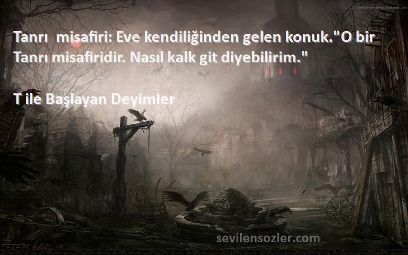 T ile Başlayan Deyimler - Tanrı misafiri: Eve kendiliğinden gelen konuk.O bir Tanrı misafiridir. Nasıl kalk git diyebilirim....