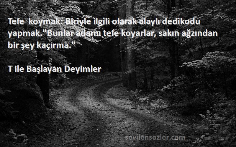 T ile Başlayan Deyimler Sözleri 
Tefe koymak: Biriyle ilgili olarak alaylı dedikodu yapmak.Bunlar adamı tefe koyarlar, sakın ağzından bir şey kaçırma.