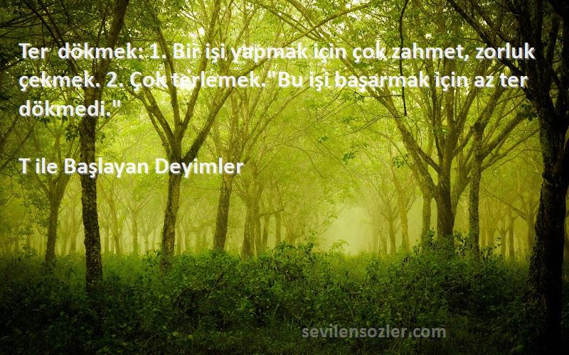 T ile Başlayan Deyimler Sözleri 
Ter dökmek: 1. Bir işi yapmak için çok zahmet, zorluk çekmek. 2. Çok terlemek.Bu işi başarmak için az ter dökmedi.