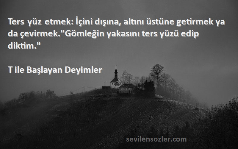 T ile Başlayan Deyimler Sözleri 
Ters yüz etmek: İçini dışına, altını üstüne getirmek ya da çevirmek.Gömleğin yakasını ters yüzü edip diktim.