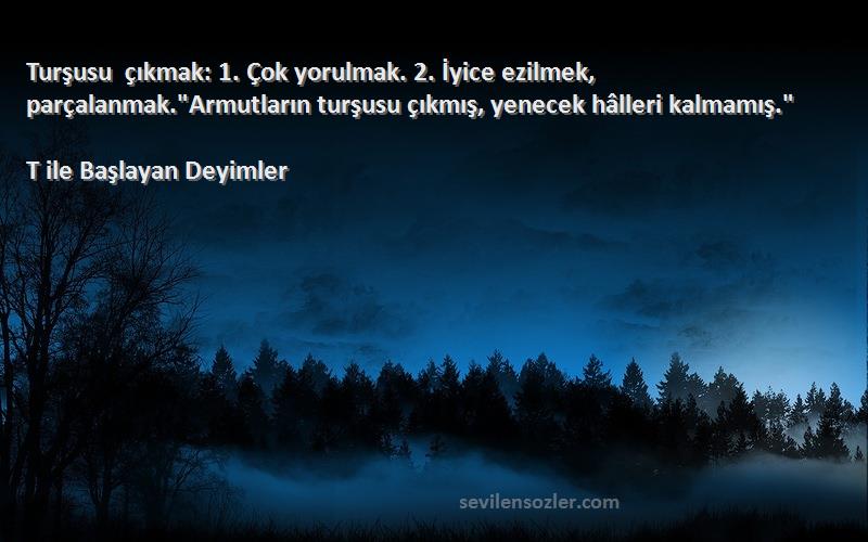 T ile Başlayan Deyimler Sözleri 
Turşusu çıkmak: 1. Çok yorulmak. 2. İyice ezilmek, parçalanmak.Armutların turşusu çıkmış, yenecek hâlleri kalmamış.