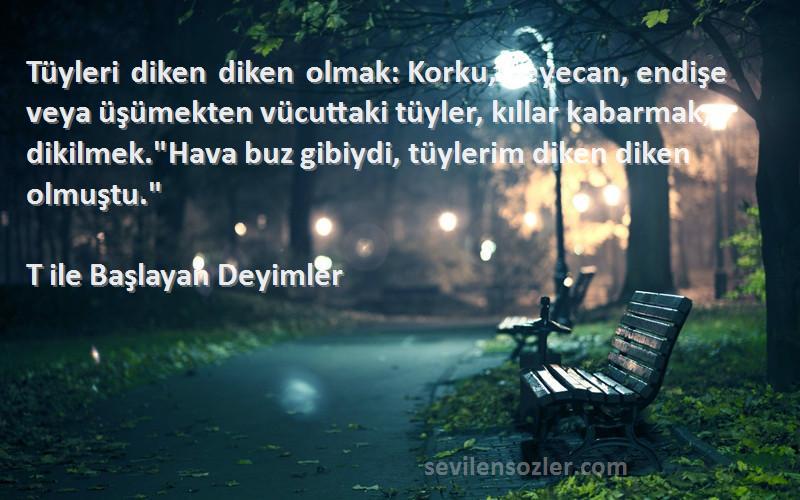 T ile Başlayan Deyimler Sözleri 
Tüyleri diken diken olmak: Korku, heyecan, endişe veya üşümekten vücuttaki tüyler, kıllar kabarmak, dikilmek.Hava buz gibiydi, tüylerim diken diken olmuştu.